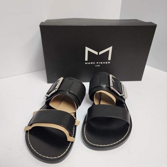 Marc Fisher Shoes - Marc Fisher Black Leather Double-Strap Women's Buckle Sandals Sz 6.5